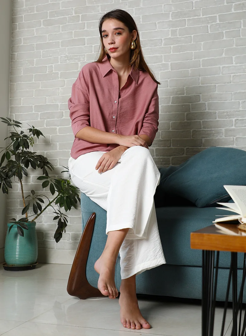 PINACOLADA  Women's Salmon Pink Breezy Wrinked Relaxed Shirt For Casual Wear | Spread Collar | Long Cuffed Sleeves | Button Closure | Oversized Shirt Designed With Comfortable Fit For Woman & Girls for Women | Best Price UAE